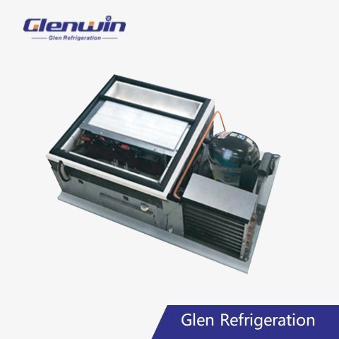 Monoblock refrigeration unit for upright chiller freezer